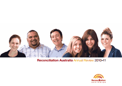 Cover of Reconciliation Australia Annual Review 2018-2019. Image shows the headshots of six people who have been photoshopped together in a line. They are all smiling at the camera.