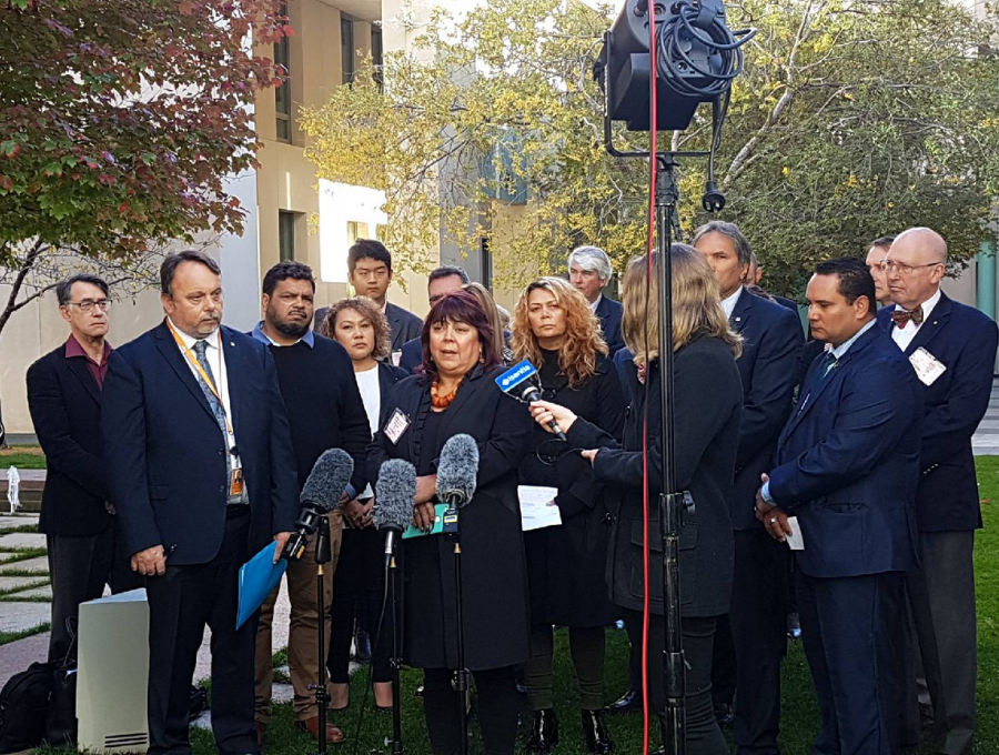 Image from 2018 press conference on Closing the Gap Budget with Reconciliation Australia CEO, Karen Mundine, in attendance.