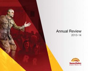 Cover of the Annual Review 2013-2014. Image shows a man in white paint, wearing what appears to be military uniform, performing to a group of people.