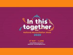 2020 National Reconciliation Week 'In this together' purple banner on orange background