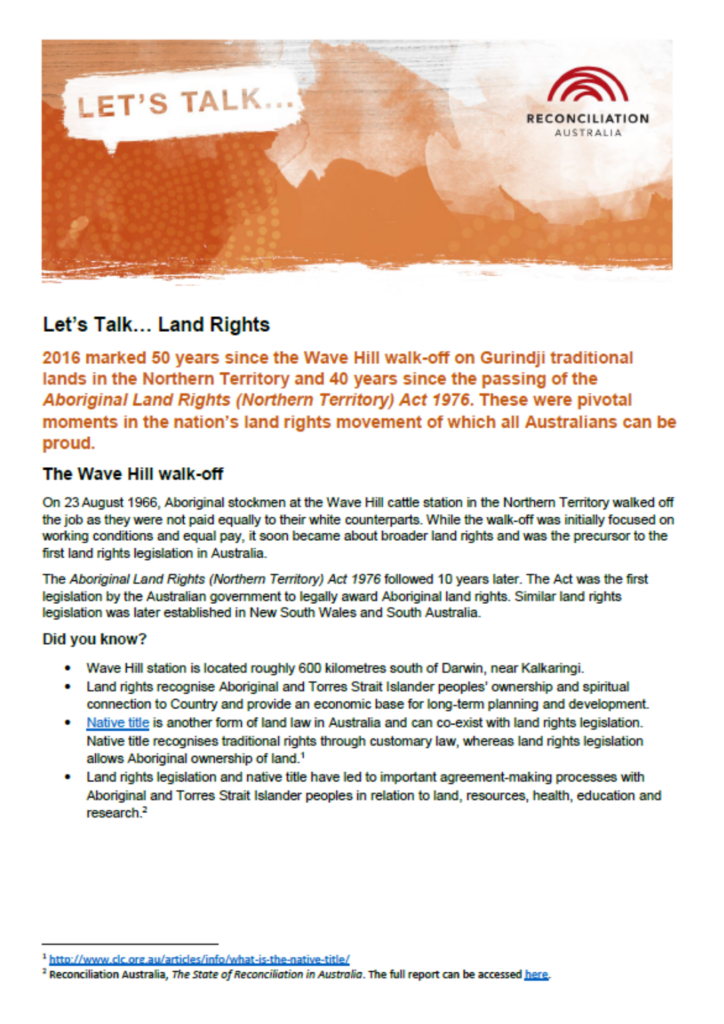 Cover of 'Let's Talk...Land Rights' factsheet.