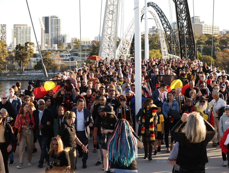 Image of the Long Walk in Perth WA, crossing over the Matagarup Bridge.