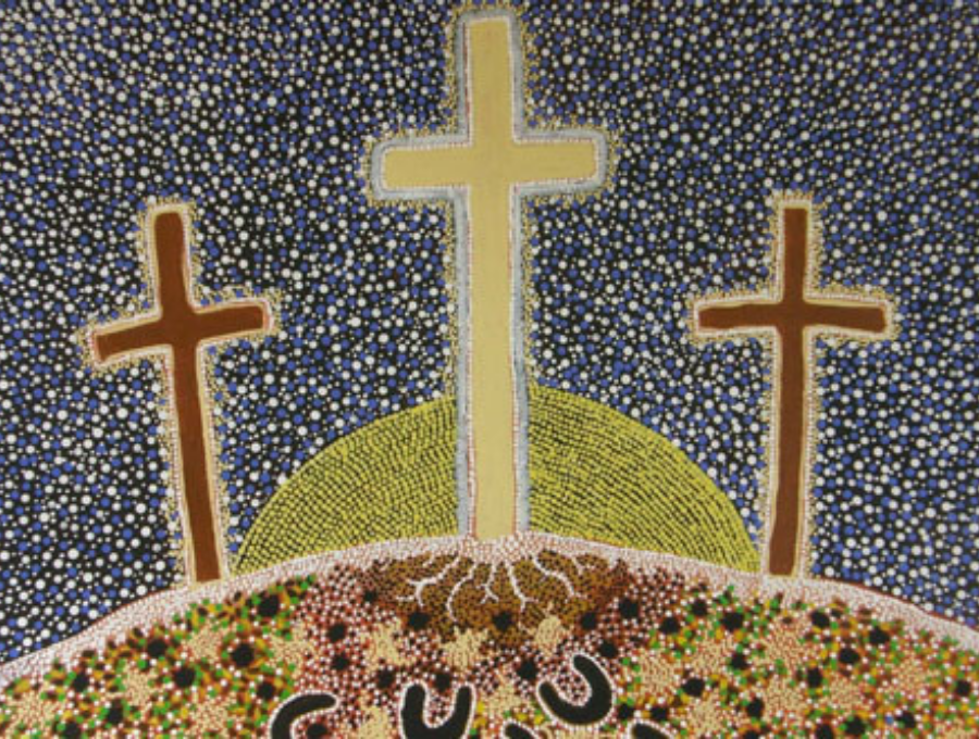 Aboriginal painting featuring crosses, earth and sun