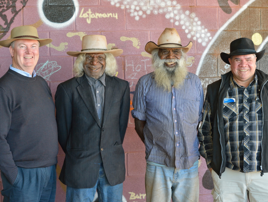 Cecil “Crocodile” Johnson and Jangala Rice with IGA chair Professor Mick Dodson and IGA judge Dr Simon Longstaff during IGA 2014 visit