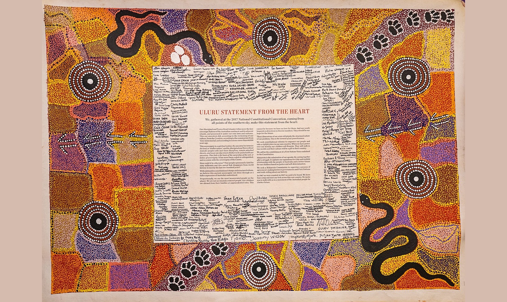 Uluru Statement from the Heart with text, signatures and artwork