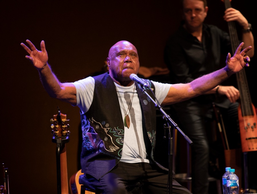 Uncle Archie Roach peforming live with Tiddas, NRW 2018 Launch. Photo Sean Davey