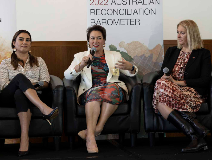 Image of Lidia Thorpe, Catherine Liddle and Naomi Flutter on stage talking.