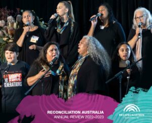 Cover of Reconciliation Australia's 22-23 Annual Review, featuring Djinama Yilaga choir.