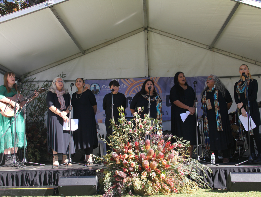 Djinama Yilaga Intergenerational Yuin Choir performing at the Coota Girls Sorry Day event.