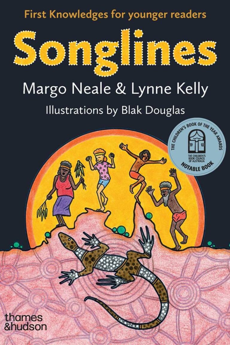 The cover of Songlines by Margo Neale & Lynne Kelly, with illustrations by Blak Douglas. The image is of a group of four people - two Elders and two children - dancing in front of a setting sun on a landscape that is shaped like the top of Australia. Behind the sun it is dark grey, and the on the land beneath them is a large stylised illustration of a lizard. The land is also superimposed with Indigenous artwork.
