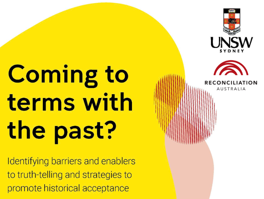 An image of the front page of a report entitled 'Coming to terms with the past? Barriers and enablers to truth-telling and strategies to promote historical acceptance'