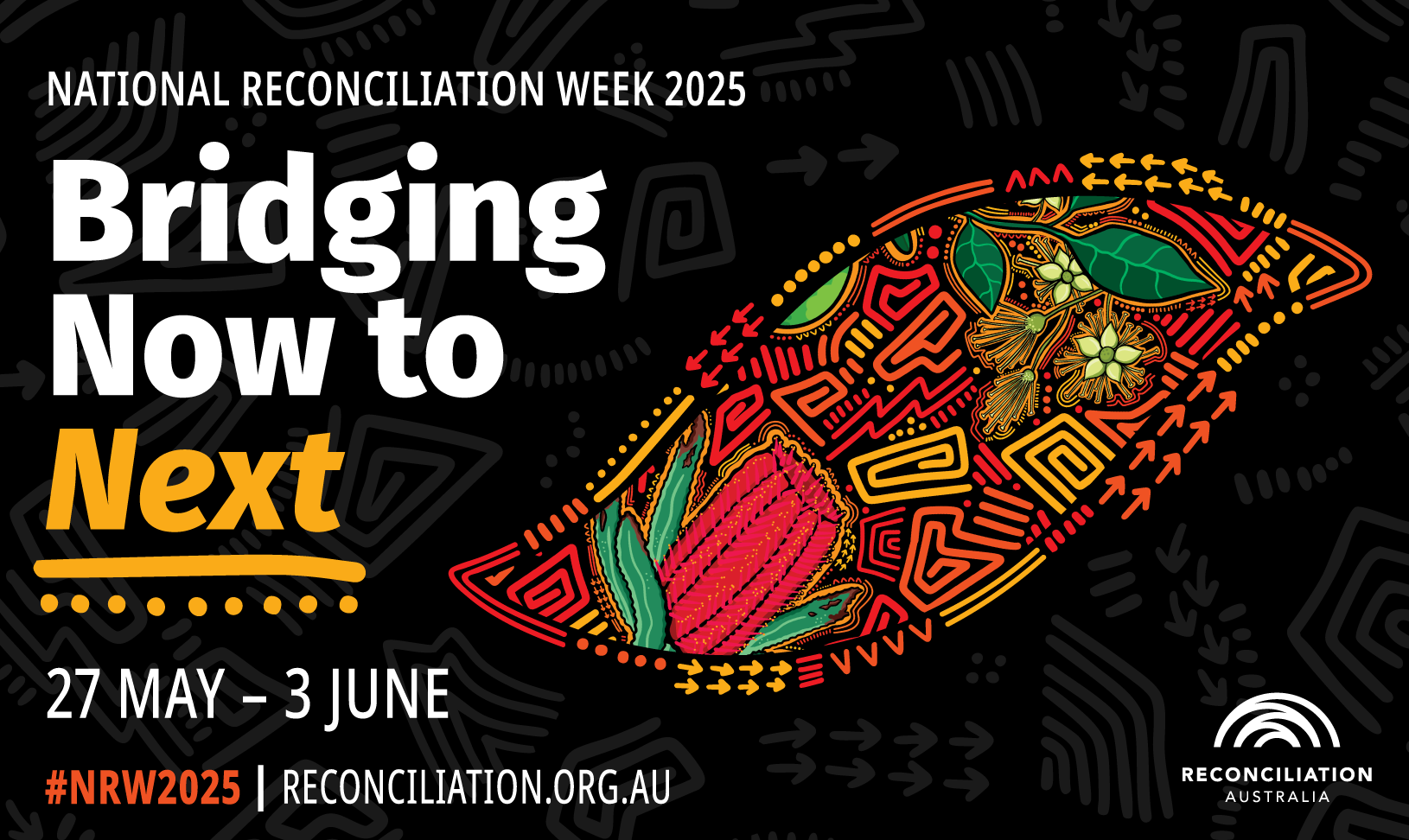 Text that reads 'Voices for Reconciliation: Louder Than Ever' on a black background with NRW 2024 chevrons framing.