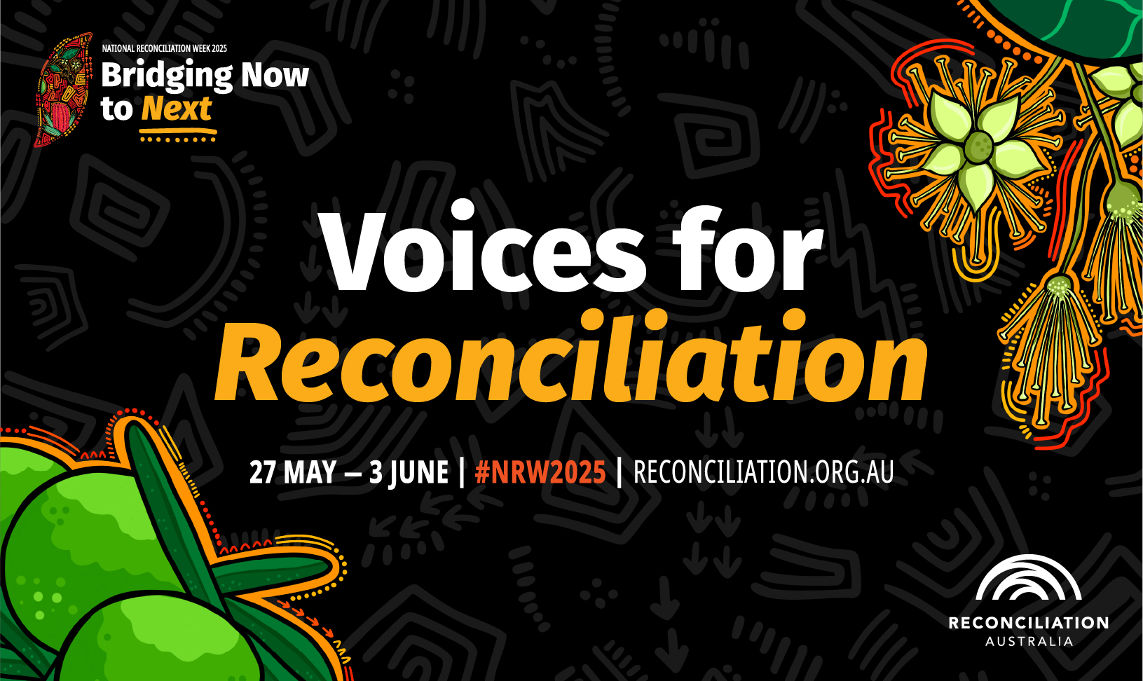 Text that reads 'Voices for Reconciliation: Louder Than Ever' on a black background with NRW 2024 chevrons framing.