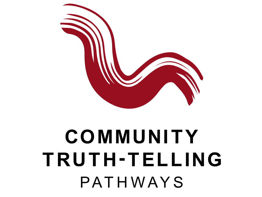 A stylised logo, intended to represent a flowing river. The appearance is similar to a single stroke with a thick paintbrush, in red. The words 'Community Truth-telling Pathways' are underneath.