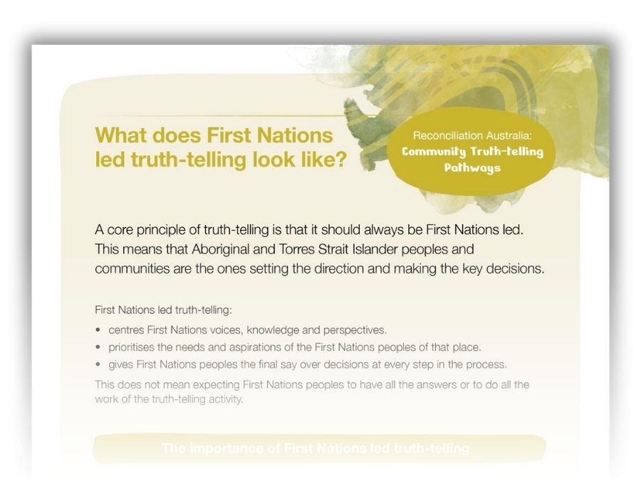 The top half of a document titled 'What does First Nations led truth-telling look like?'