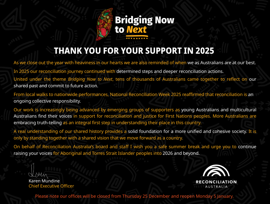 An image with the text of Reconciliation Australia's thank you message for 2025.