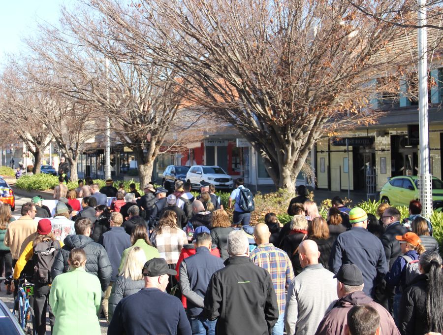A group of people marching.