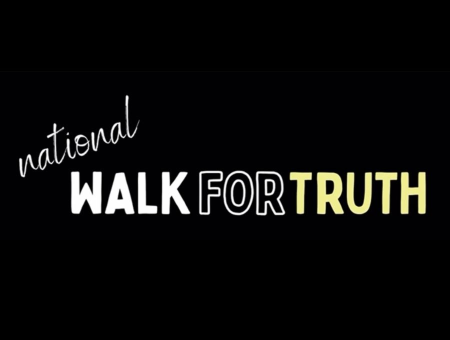 National Walk for Truth campaign graphic - the words 'Walk for Truth' in block capitals white, white outline, and yellow, with the word 'national' in handwritten script on the top left, all on a black background.