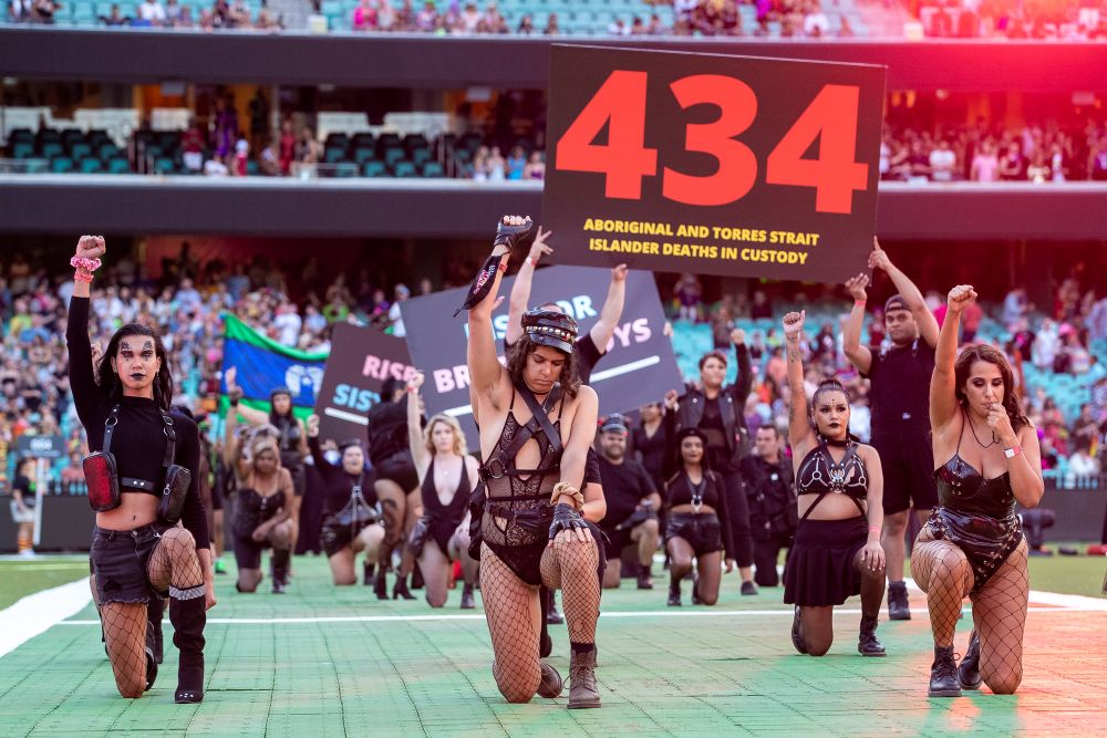 Group of people wearing black kneeling on the ground with their fists up; some are holding a sign that reads '434 Aboriginal and Torres Strait Islander Deaths in Custody'.