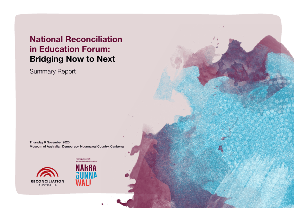 Cover of the National Reconciliation in Education Forum: Bridging Now to Next summary report - just the text and Narragunnawali: Reconciliation in Education program blue and purple splashes