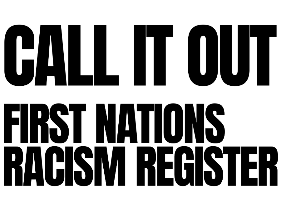 Call It Out logo - just the words 'Call It Out' above the words 'First Nations Racism Register' in bold black all-caps text.