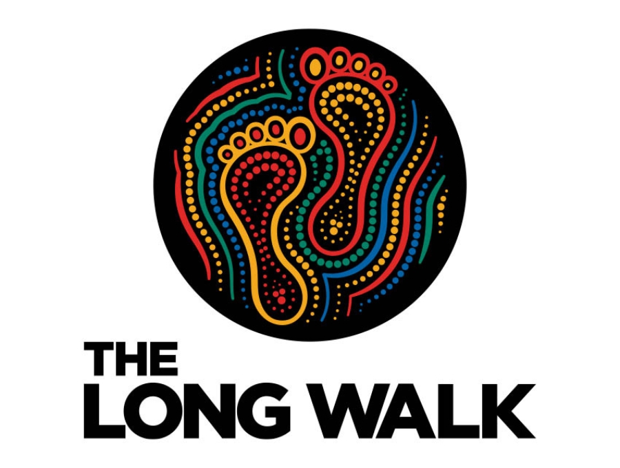 The Long Walk logo - two feet in an Aboriginal art dot-paint style.