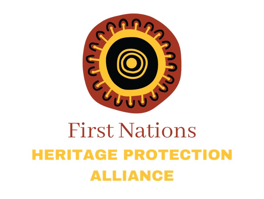 The words 'First Nations Heritage Protection Alliance' under a red, yellow and black circular First Nations art-style design.