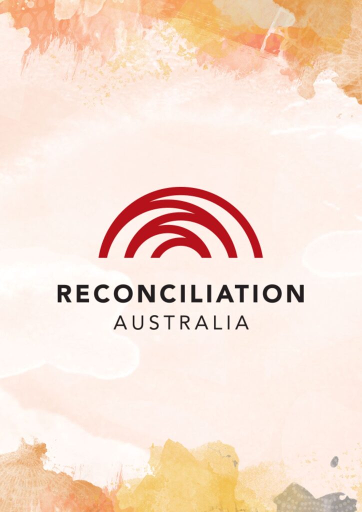 Graphic with orange, yellow and brown splashes under the red Reconciliation Australia - five curved lined, styled like a bridge or a rising sun.