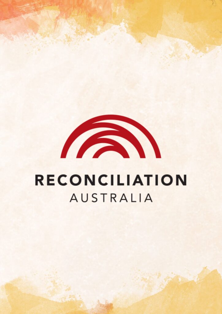 Graphic with orange, yellow and brown splashes under the red Reconciliation Australia - five curved lined, styled like a bridge or a rising sun.