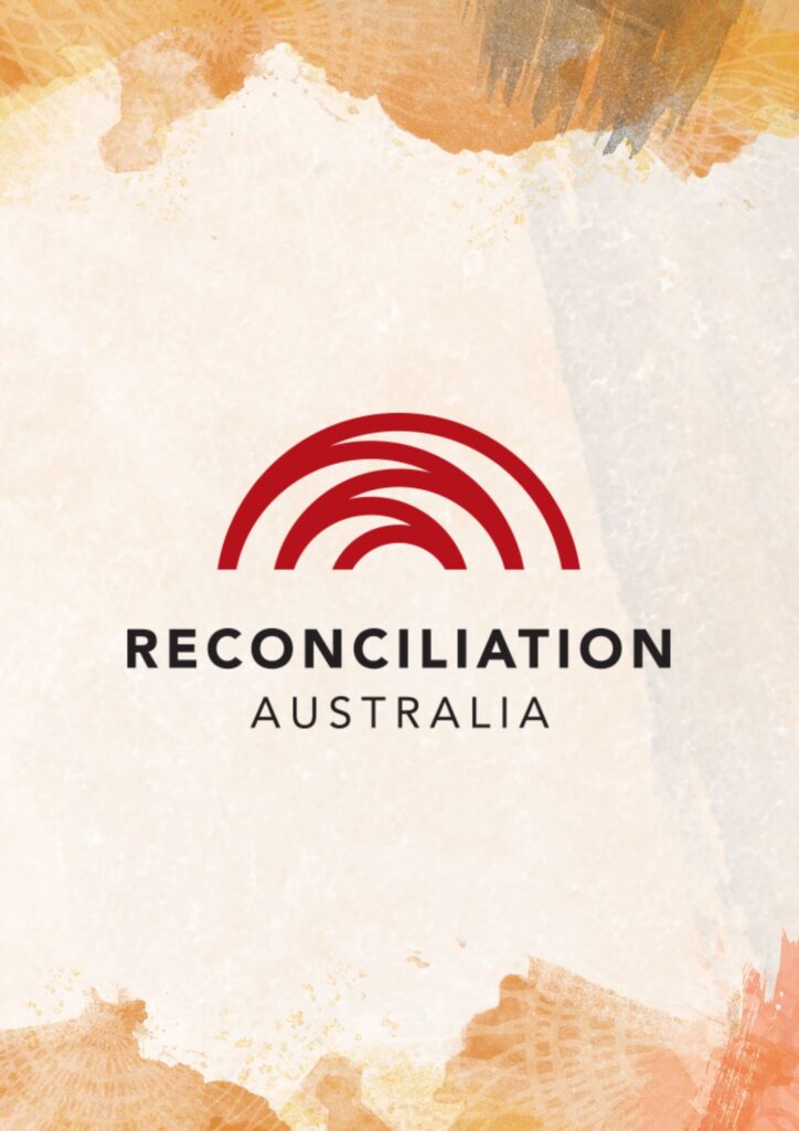 Graphic with orange, yellow and brown splashes under the red Reconciliation Australia - five curved lined, styled like a bridge or a rising sun.