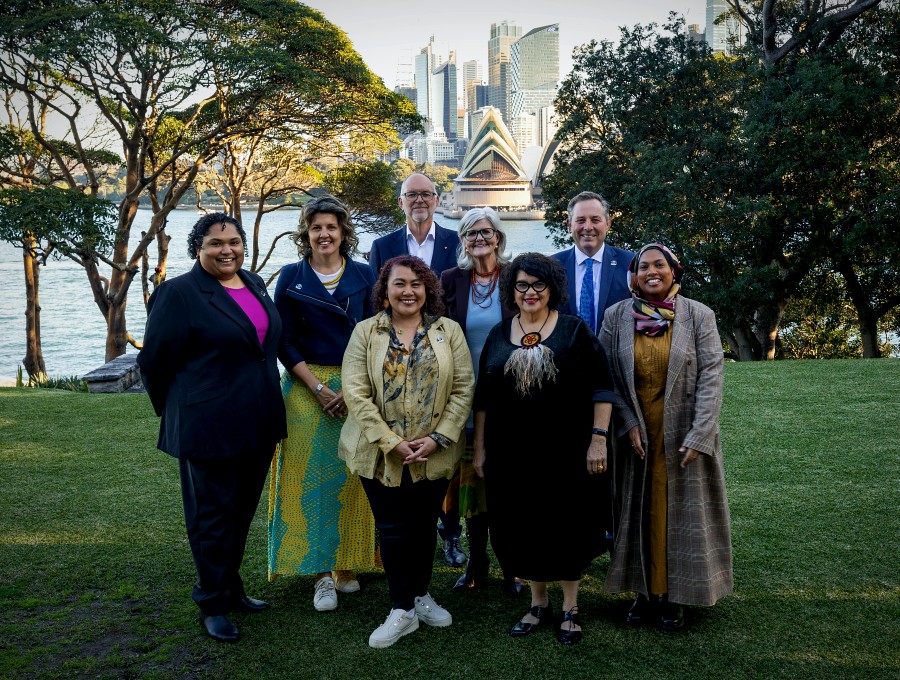 group of people on a green lawn in front of Sydney Harbour in the afternoon